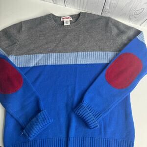 Boast Colorblock Women Size M Merino Wool Sweater Gray Blue Elbow Patch Crewneck
